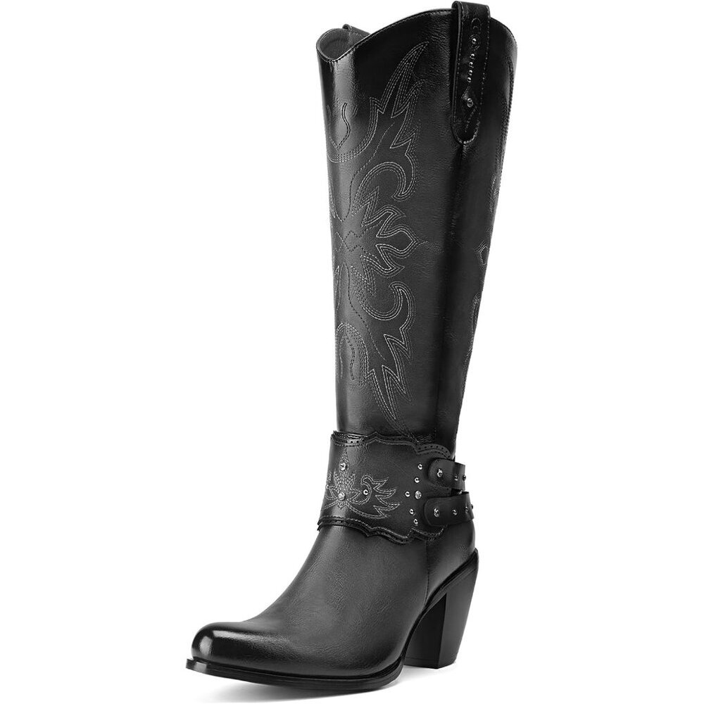 Women's Brown Cowgirl Boots Knee High, Ladies Tall Western Boots Rounded